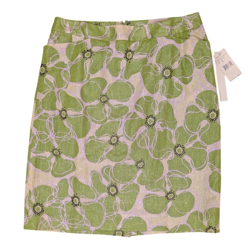 NWT Perry Ellis Apple Green Floral Linen Blend Metallic Pencil Skirt Pockets 6 - Picture 6 of 11